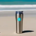 Aladdin travel mug on a sunny beach