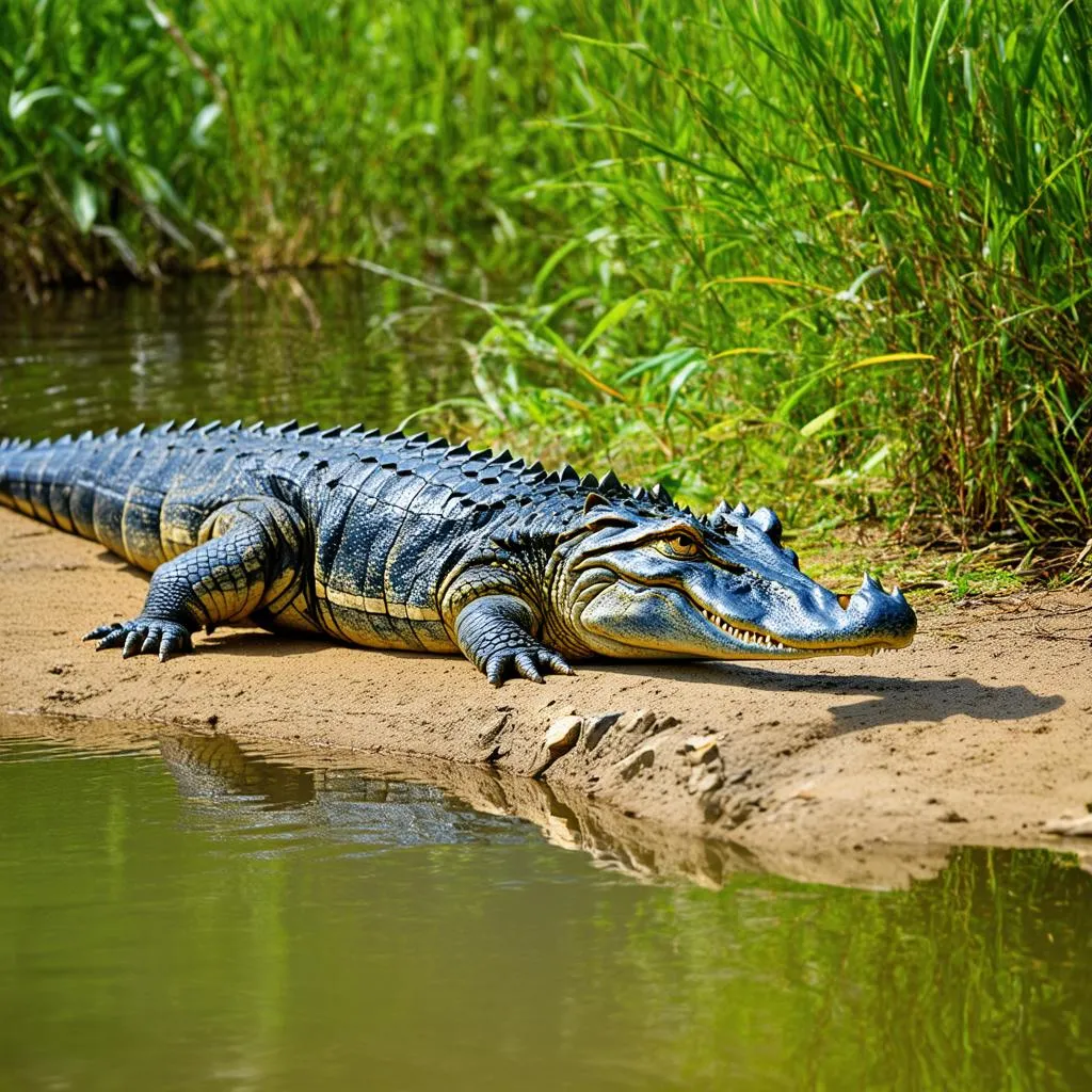 Alligator sunning itself on a riverbank