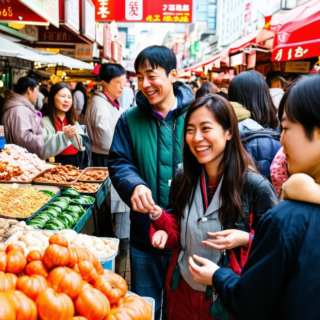 American Tourists Exploring a Bustling Market in Tokyo, Japan