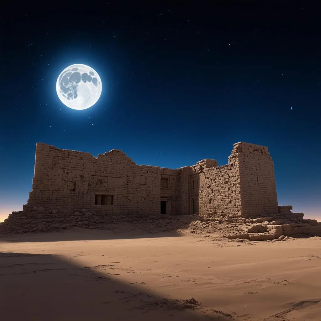 Ruins of an ancient city bathed in moonlight