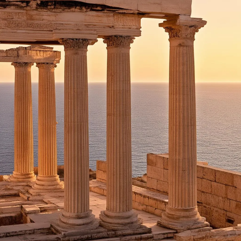 Ancient Greek ruins at sunset