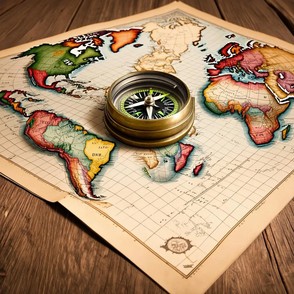 Old map with compass pointing towards the Americas