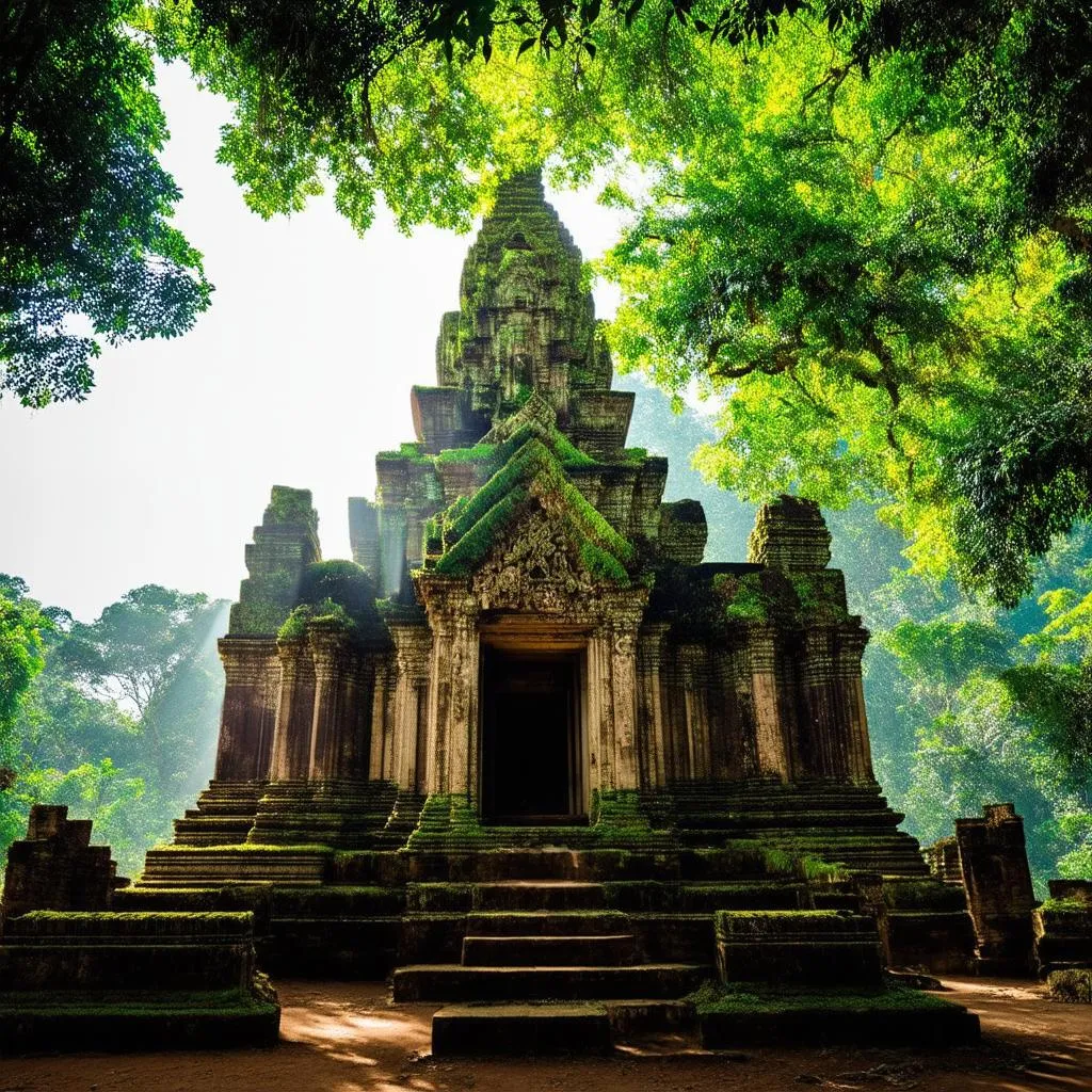 An ancient temple being overtaken by jungle foliage