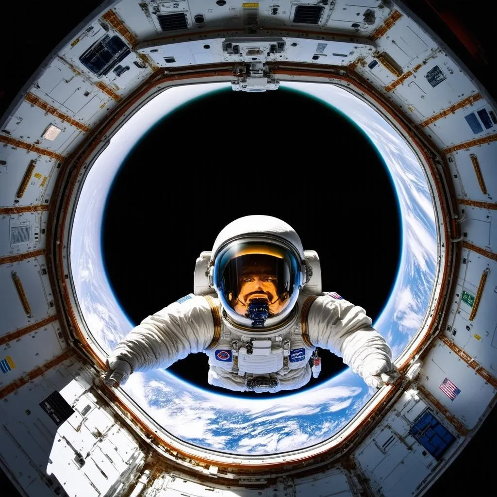 Astronaut looking out of the ISS window