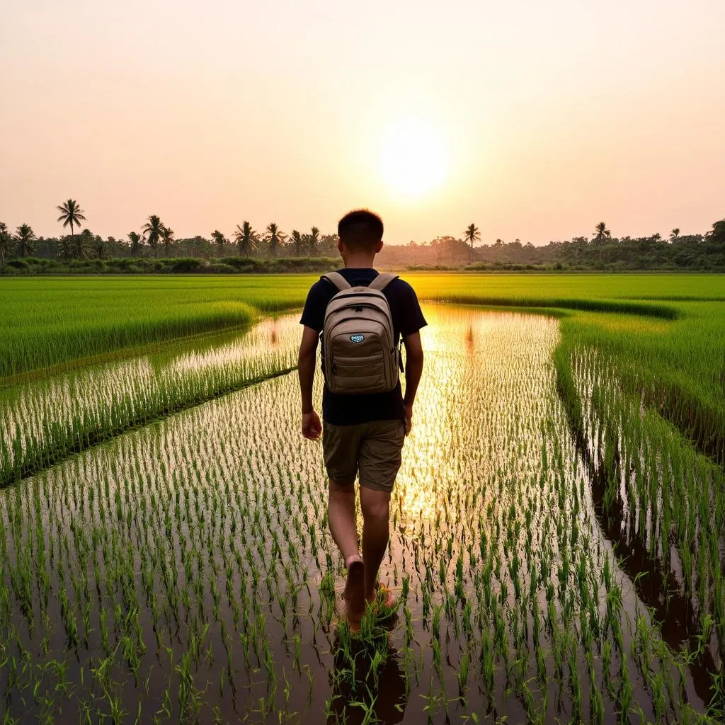 A backpacker walking through a rice paddy in Southeast Asia