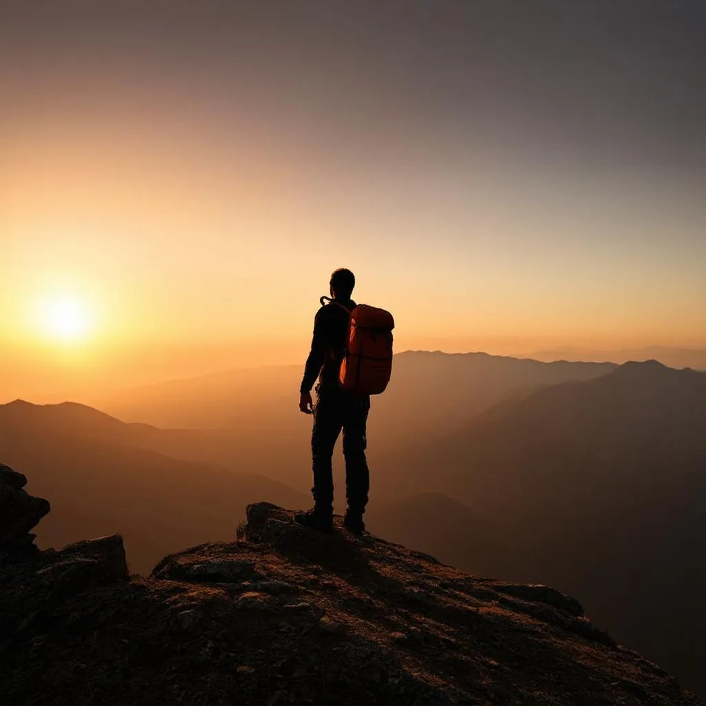 Backpacker Standing at the Edge of a Cliff Overlooking a Mountain Range at Sunset