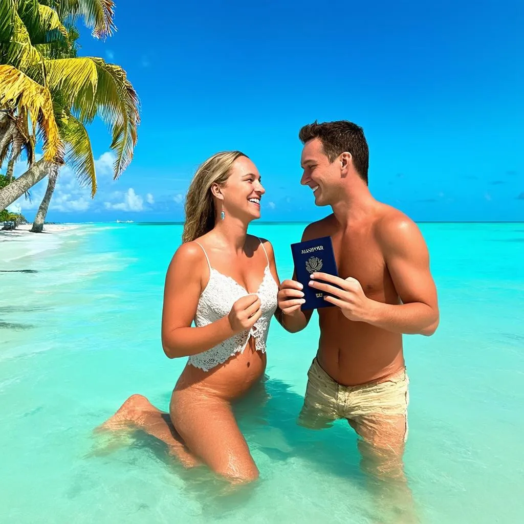 Couple holding passports on a Bahamas beach