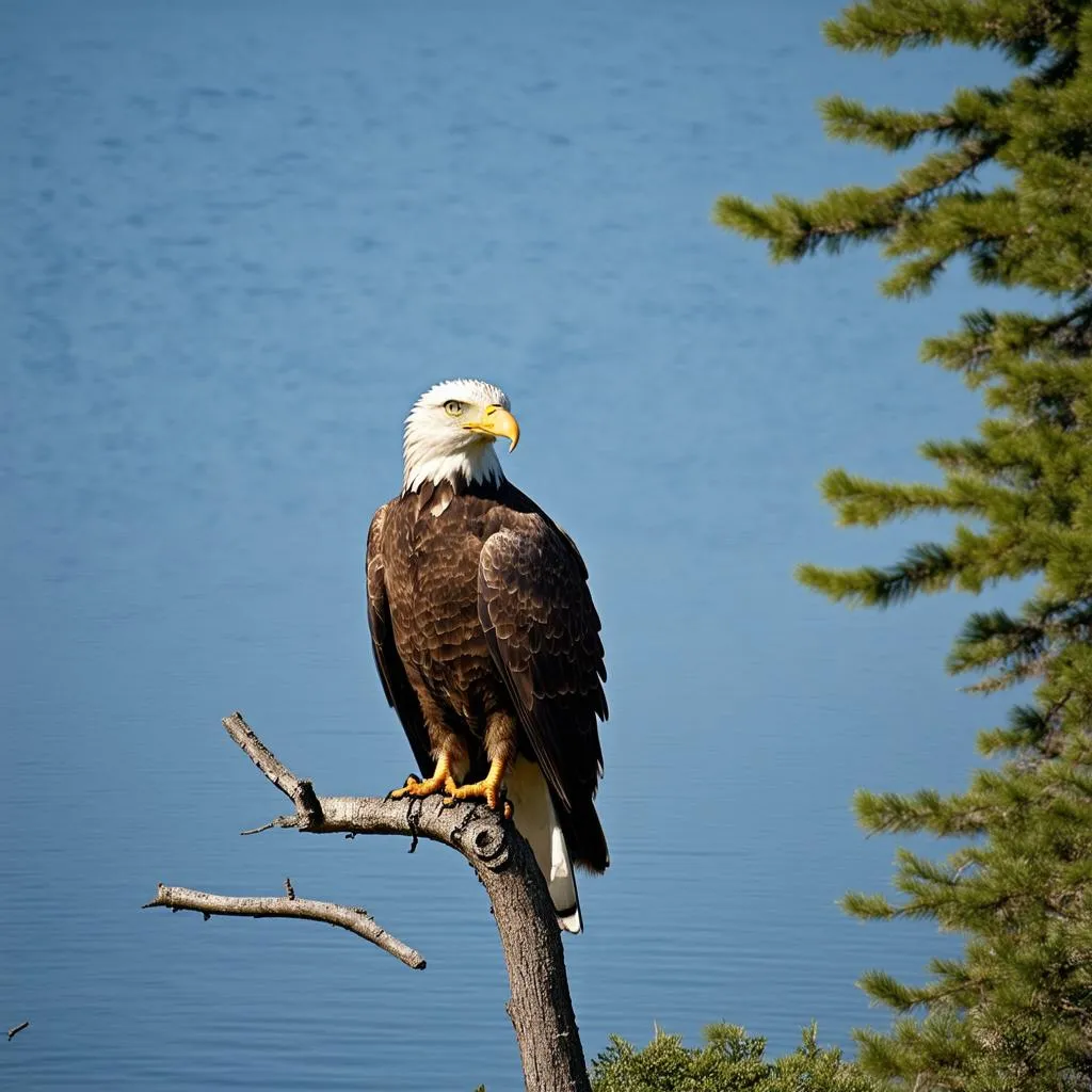 A bald eagle perches on a branch overlooking a lake