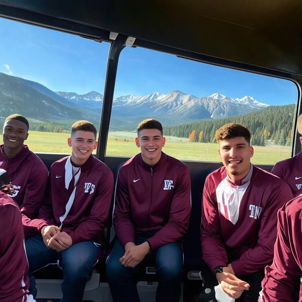 College basketball team on a bus