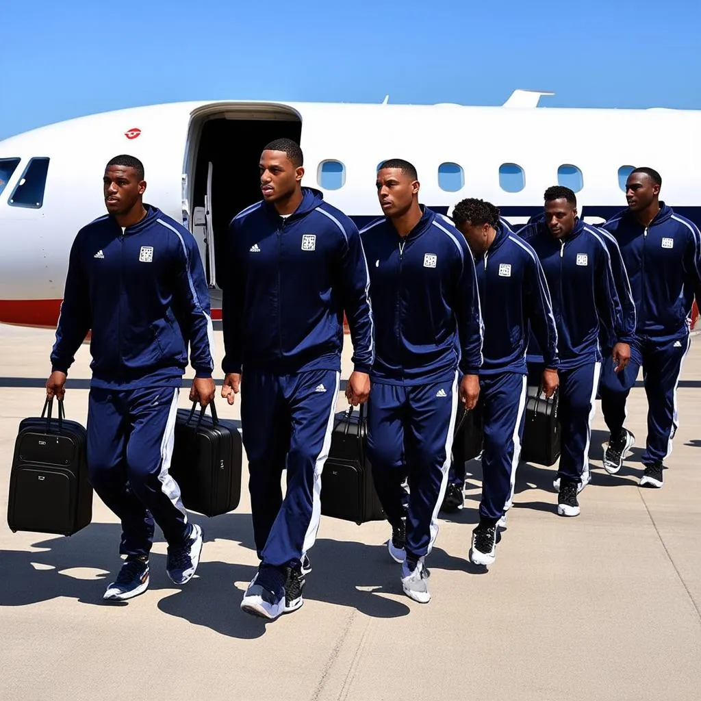 Basketball team boarding a private plane