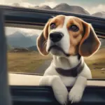 A happy beagle looking out the car window