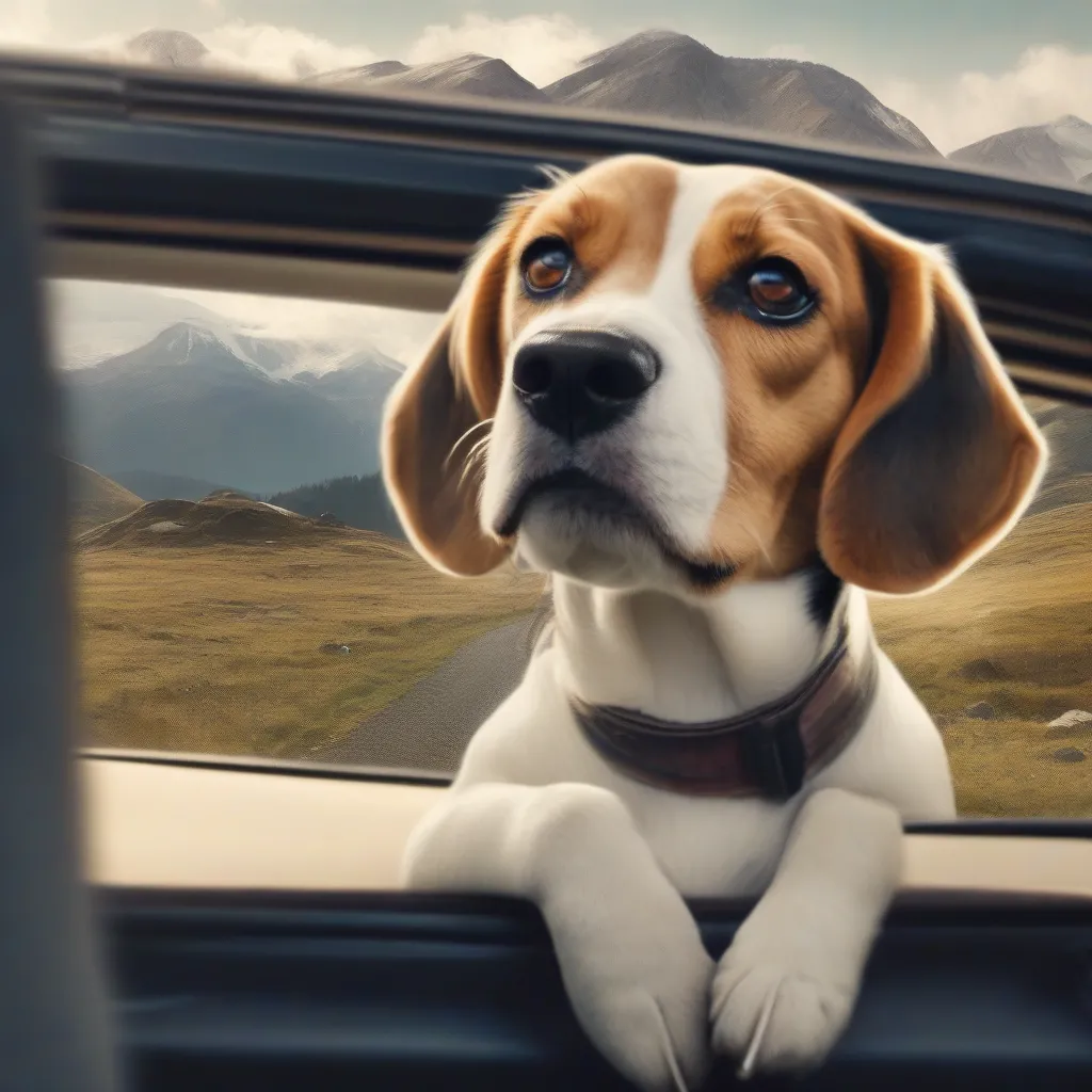 A happy beagle looking out the car window