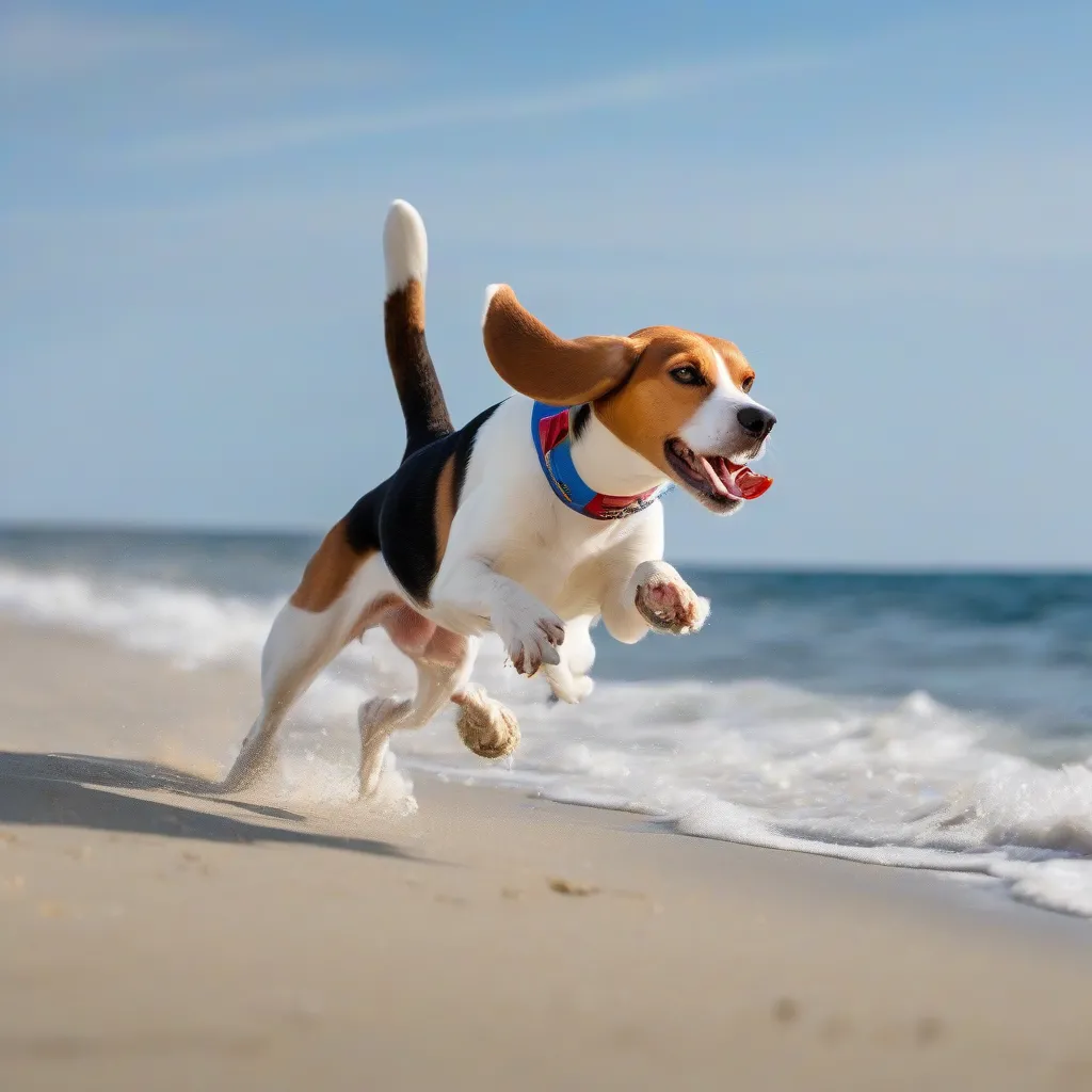 A beagle running on the beach