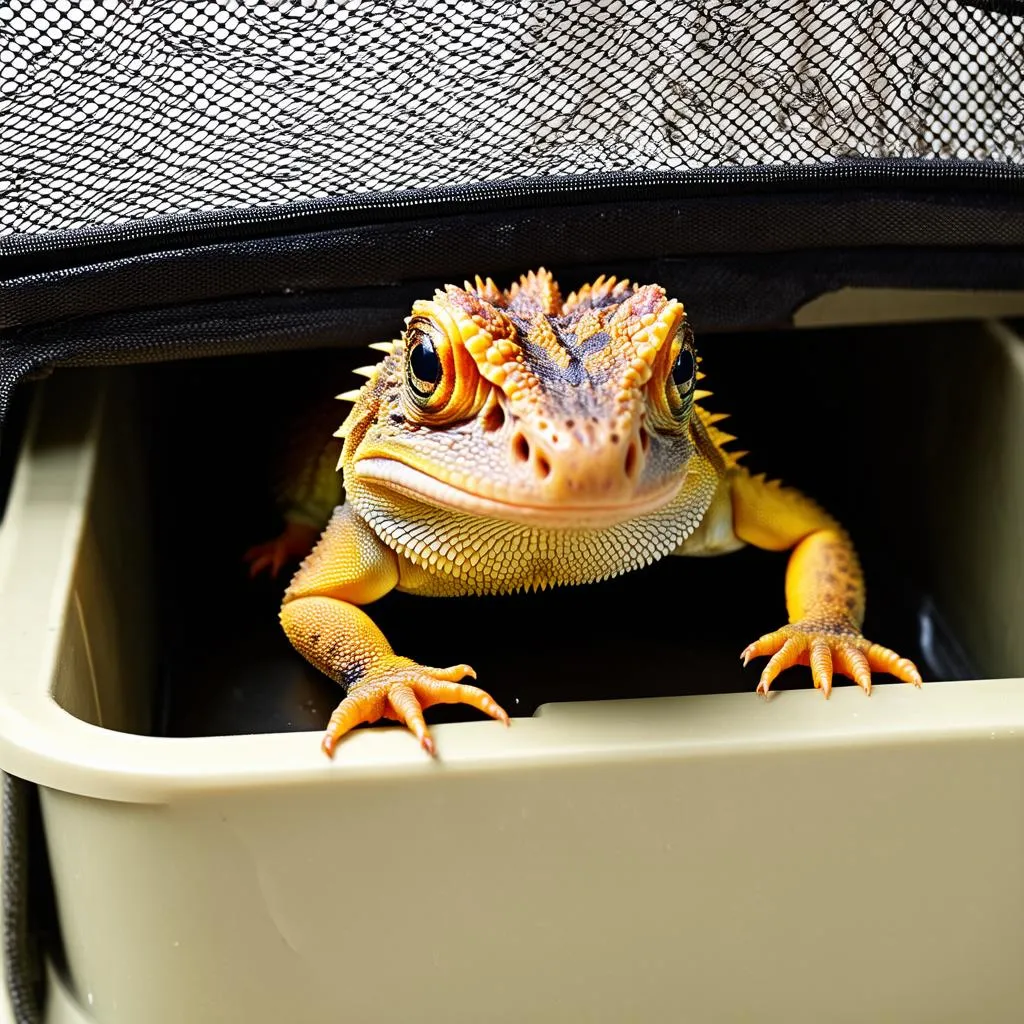 Bearded dragon peering out of a travel carrier