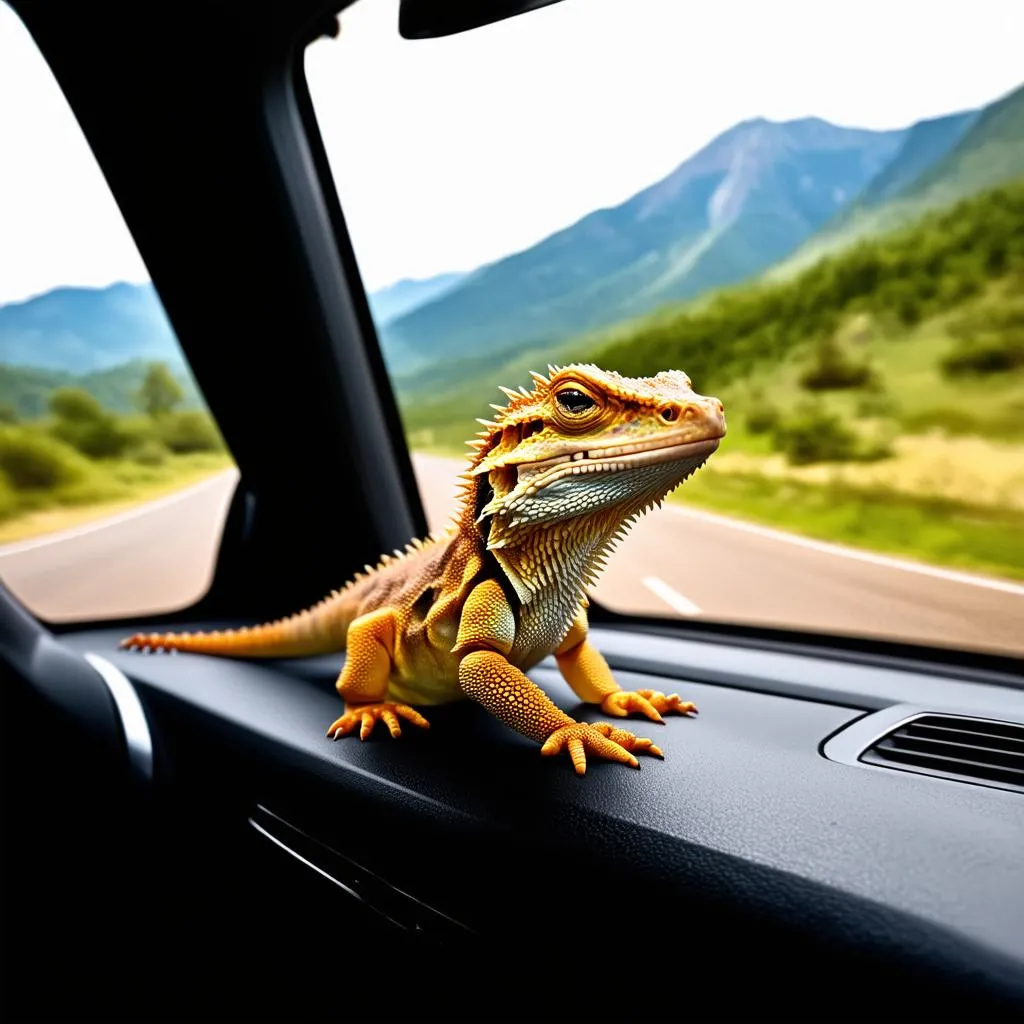 Bearded dragon enjoying the view from a car