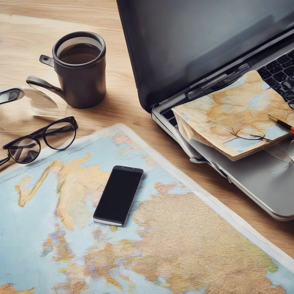 Laptop, passport, map, and magnifying glass on a desk