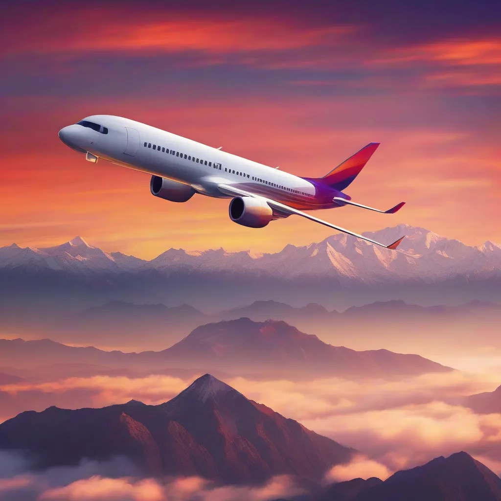 Airplane soaring over a picturesque mountain range