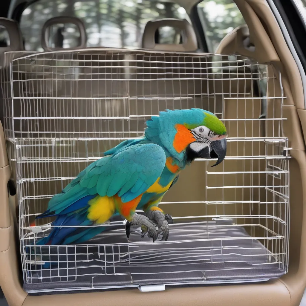 Bird Safely Secured in a Car Travel Carrier