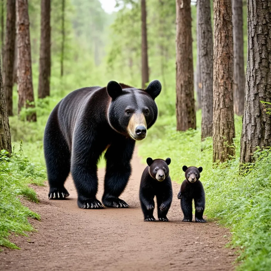 A mother black bear walking through the forest with her two cubs