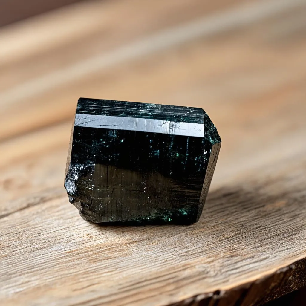 Black tourmaline crystal on a wooden surface