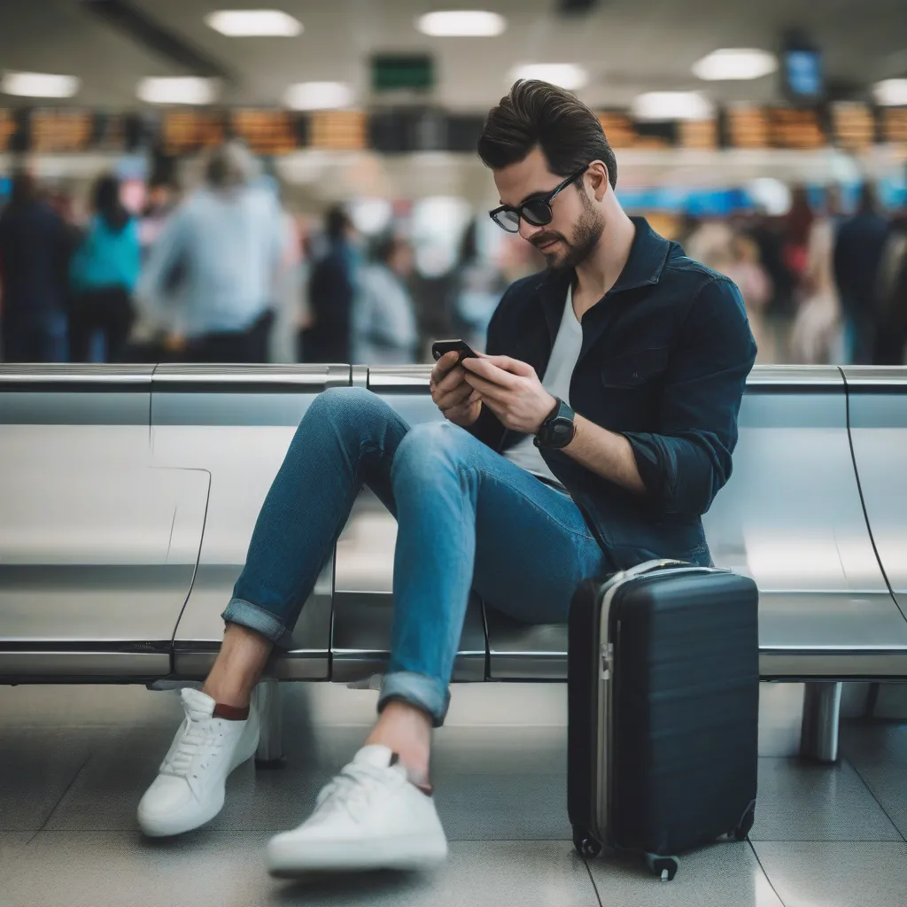 Stylish traveler in blue jeans at an airport