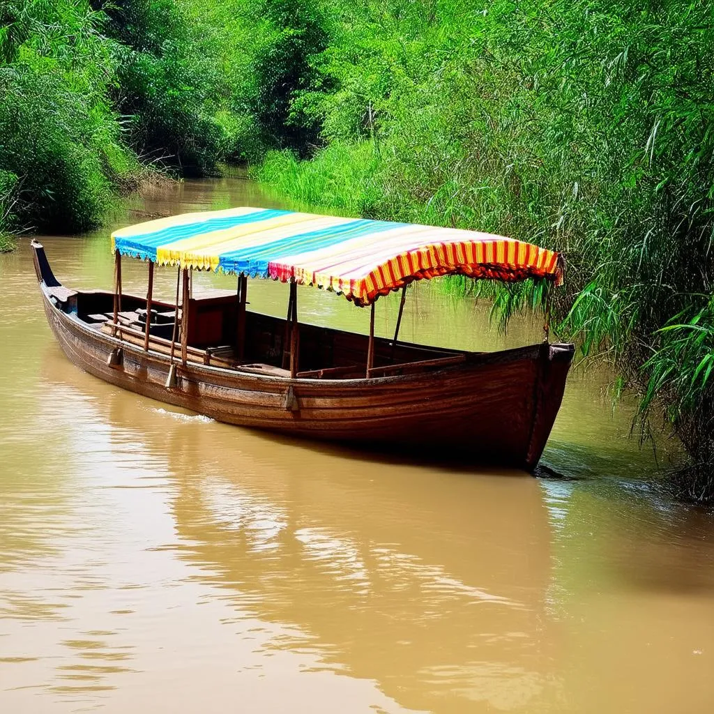 Boat Traveling Upstream on the Mekong River