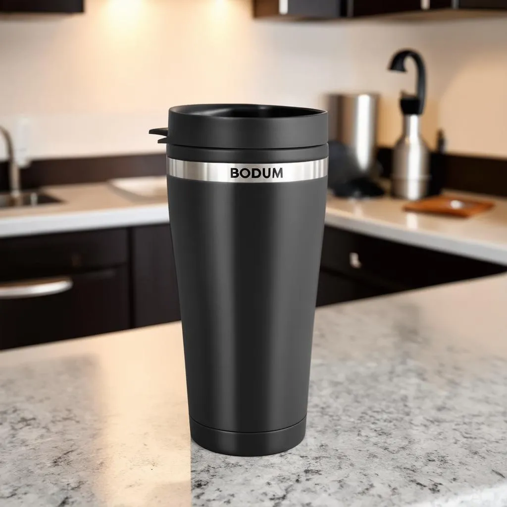 Bodum travel mug sitting on a kitchen counter