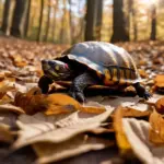 A box turtle slowly making its way across a path covered in fallen leaves.