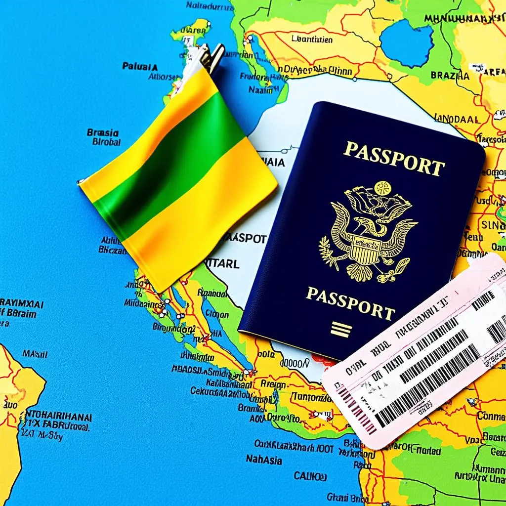 Passport and Plane Ticket on Brazil Flag