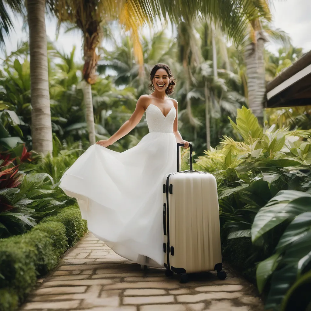 Bride arriving at a tropical destination with her wedding dress.