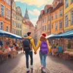 Couple backpacking through Europe