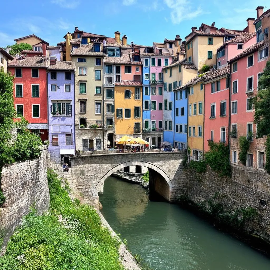 Picturesque view of colorful houses in a European town.