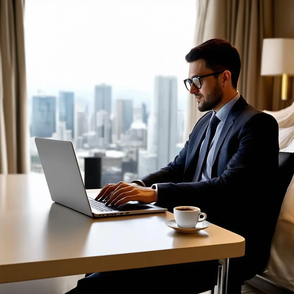 A business traveler working on a laptop in a hotel room