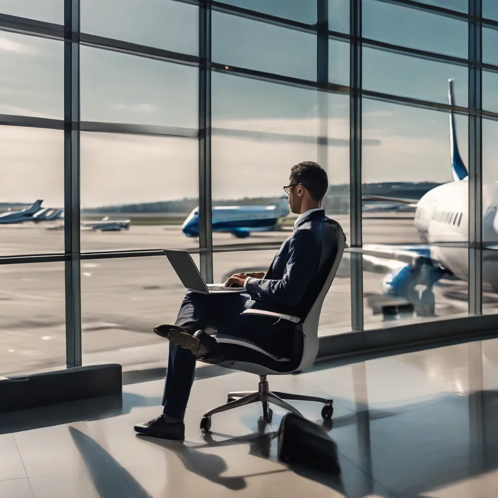 business traveler working on a laptop in an airport lounge