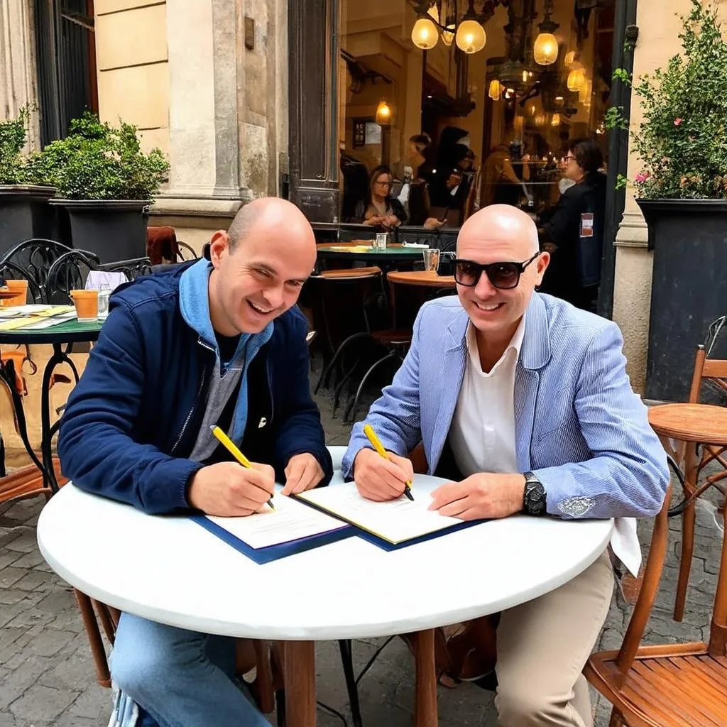 Signing Contract in Cafe Florence