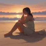 Woman peacefully meditating on a beach during sunset