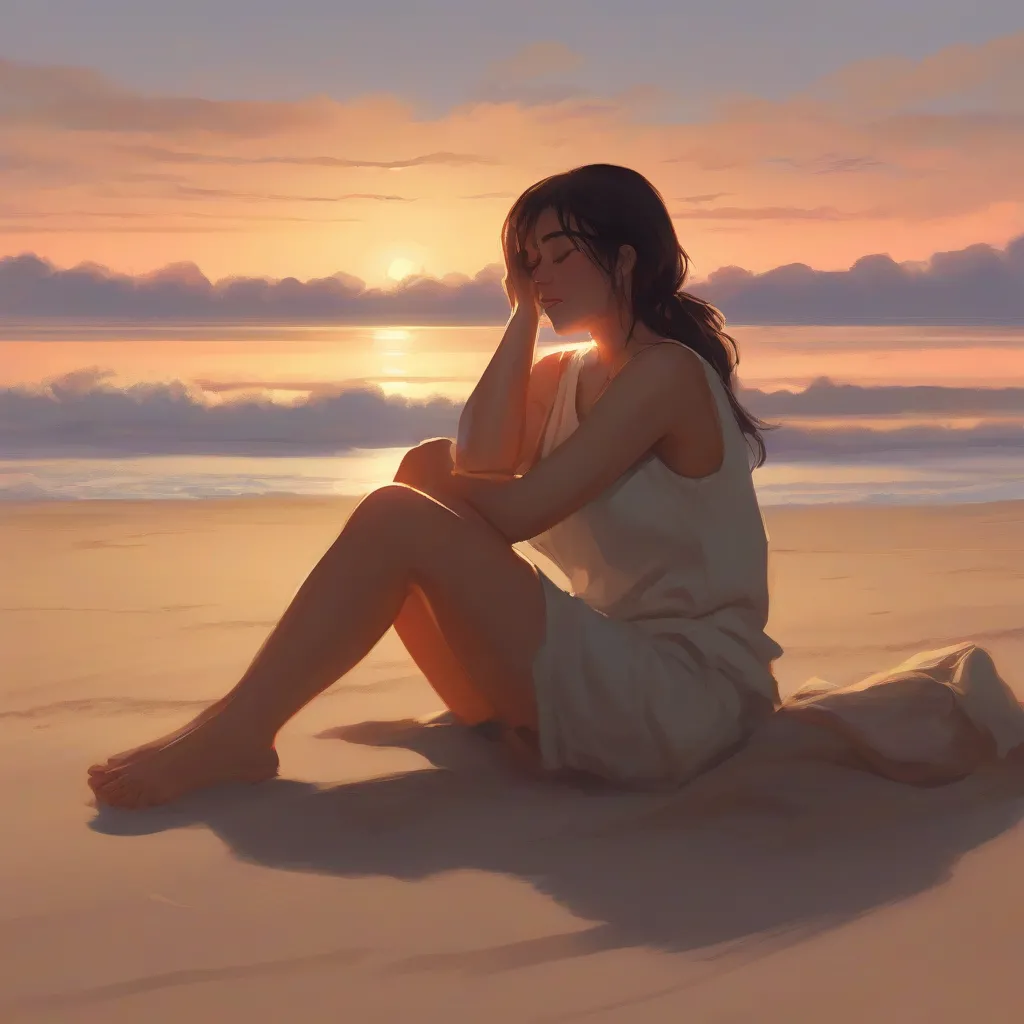 Woman peacefully meditating on a beach during sunset