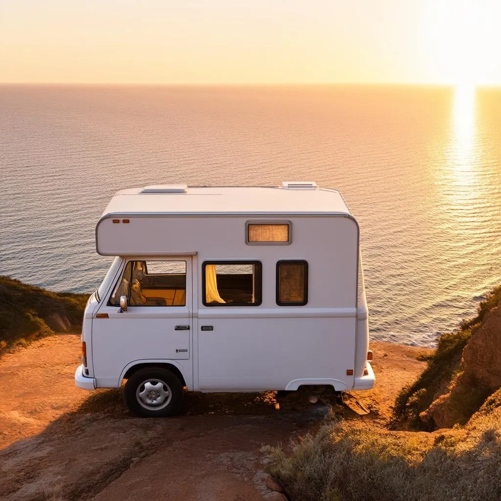 Campervan Parked on a Cliff Overlooking the Ocean