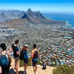 Tourists enjoying the view from Table Mountain with the city in the background