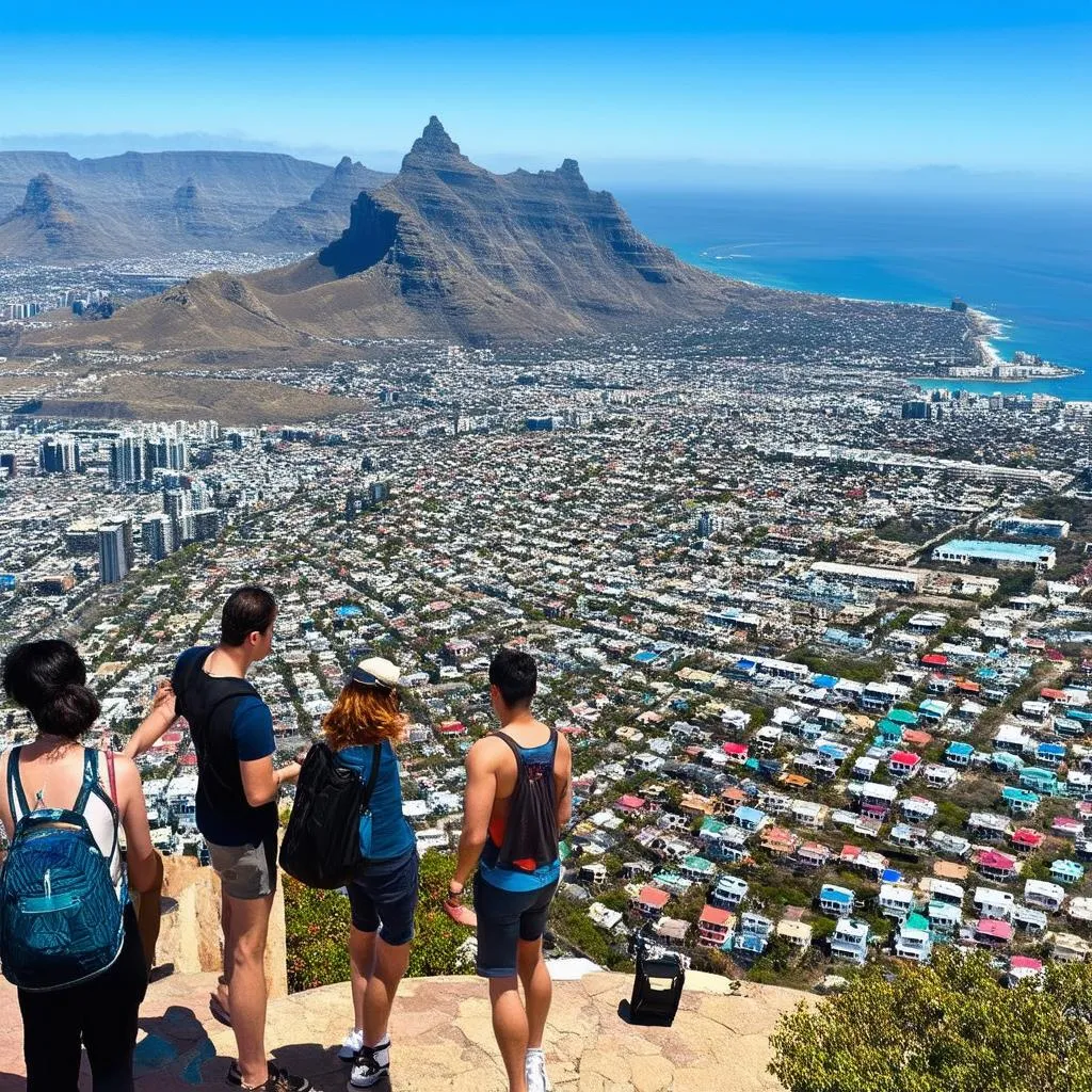 Tourists enjoying the view from Table Mountain with the city in the background