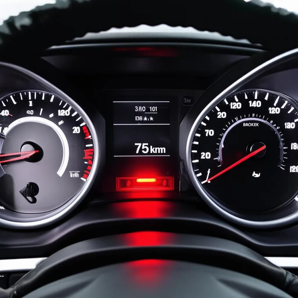 Car dashboard showing speedometer and warning lights