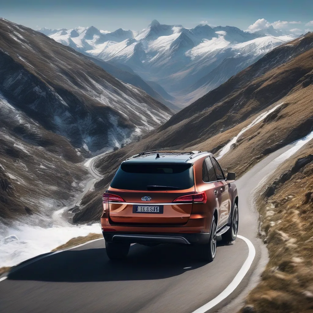 Car Carefully Navigating a Mountain Pass with Stunning Views