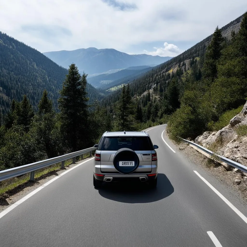 Car Driving Down Winding Mountain Road