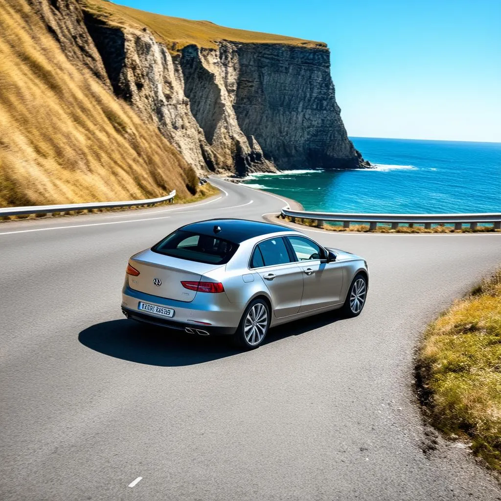 A car driving along a scenic coastal highway