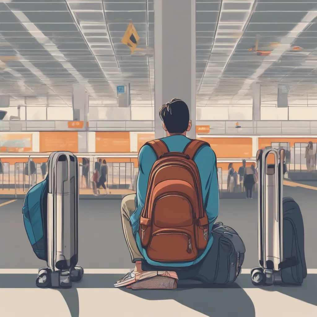 A traveler with a 40-liter backpack waiting at the airport gate