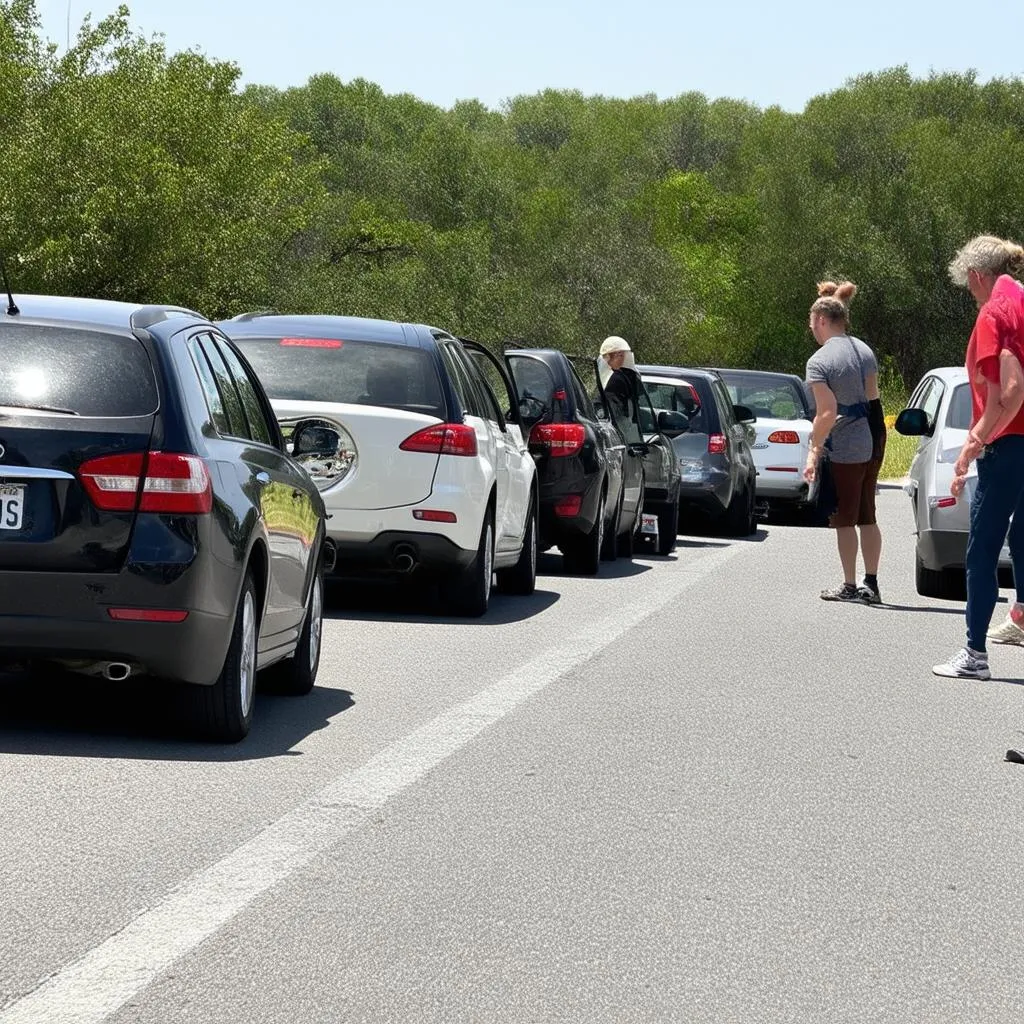 Cars parked at a rest stop on a road trip