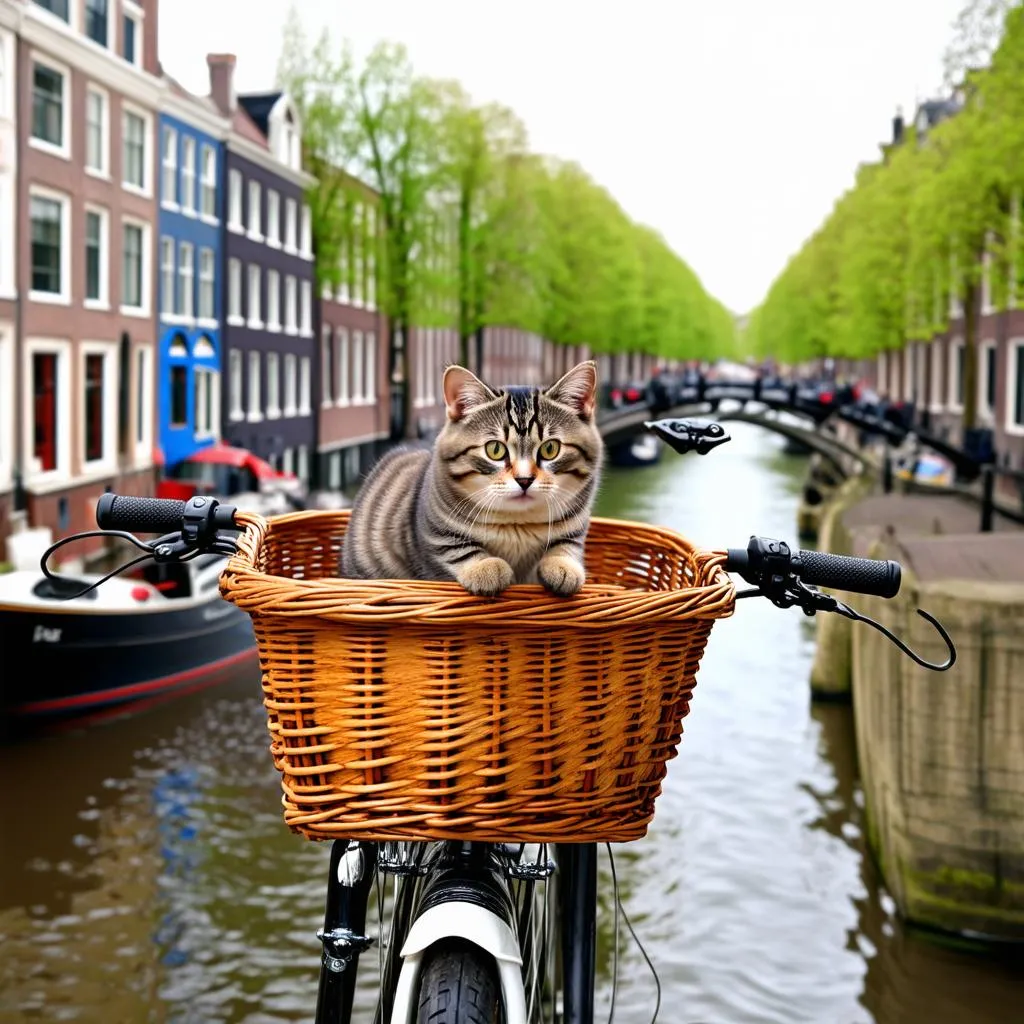 Cat in Bike Basket in Amsterdam