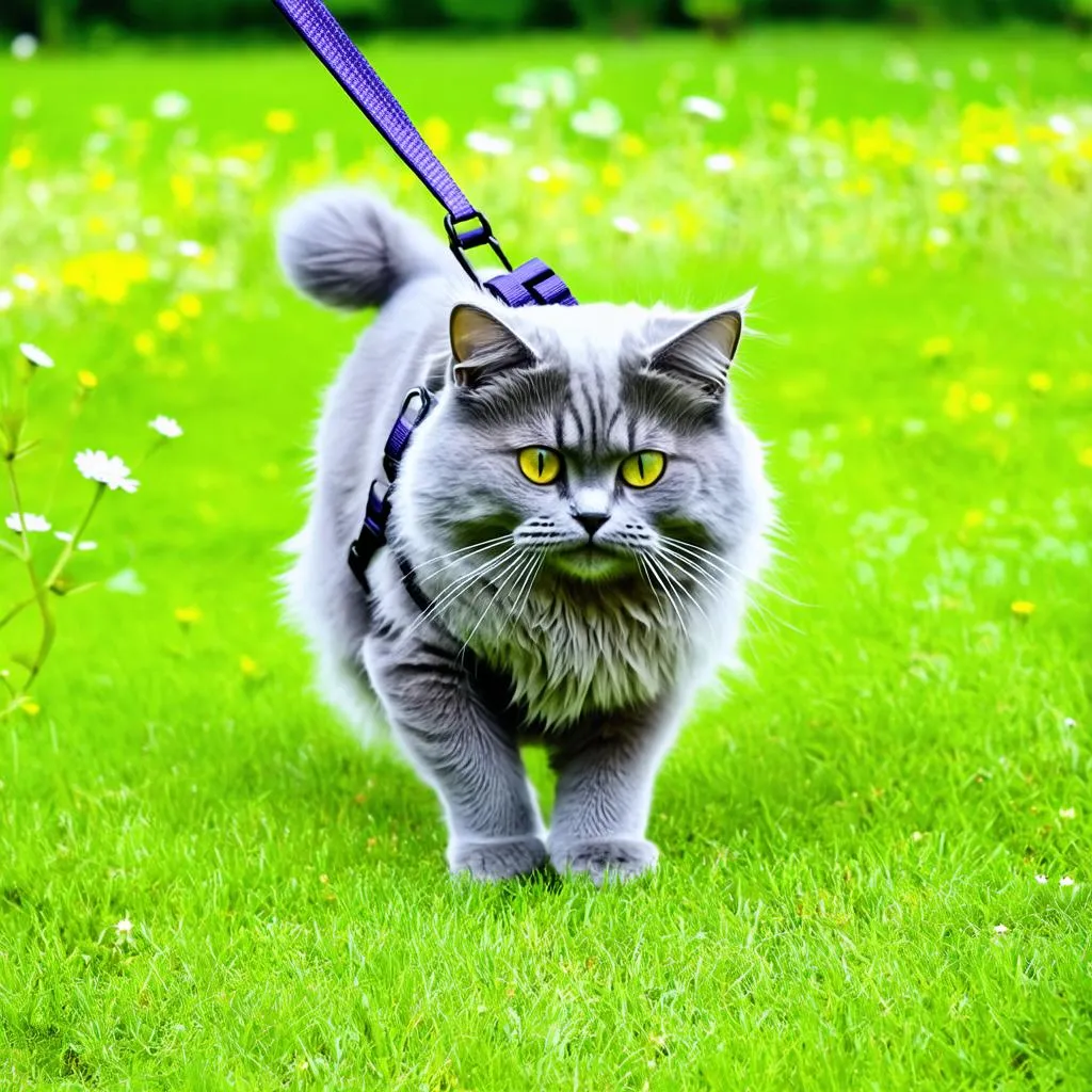 Cat exploring on a leash