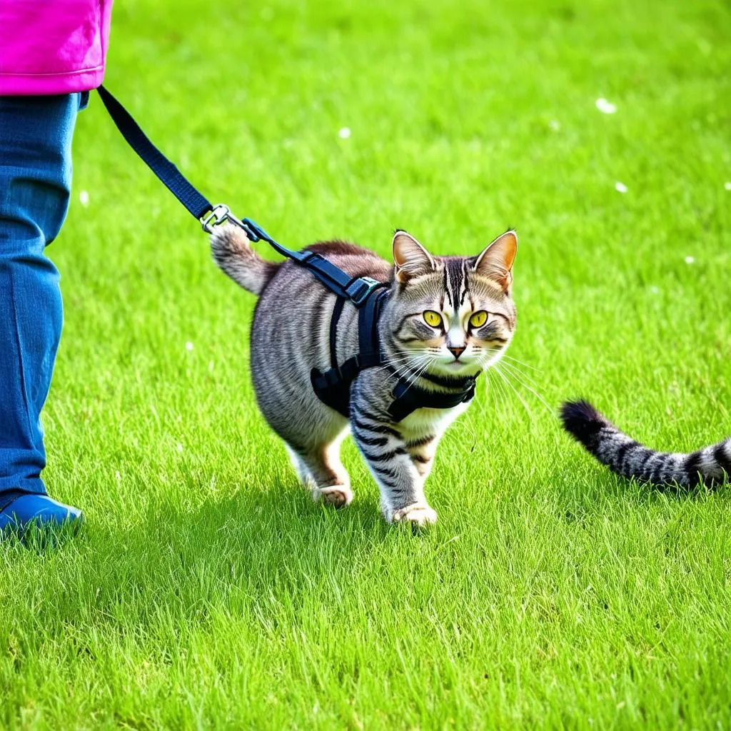 Cat exploring on a leash