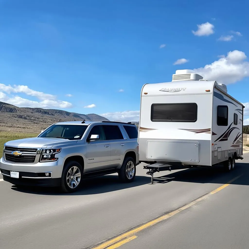 Chevrolet Suburban towing a travel trailer on a scenic road